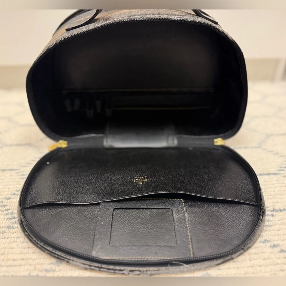 FENDI Vintage Pequin Stripe Brown Black Coated Canvas Vanity Case Cosmetic Bag